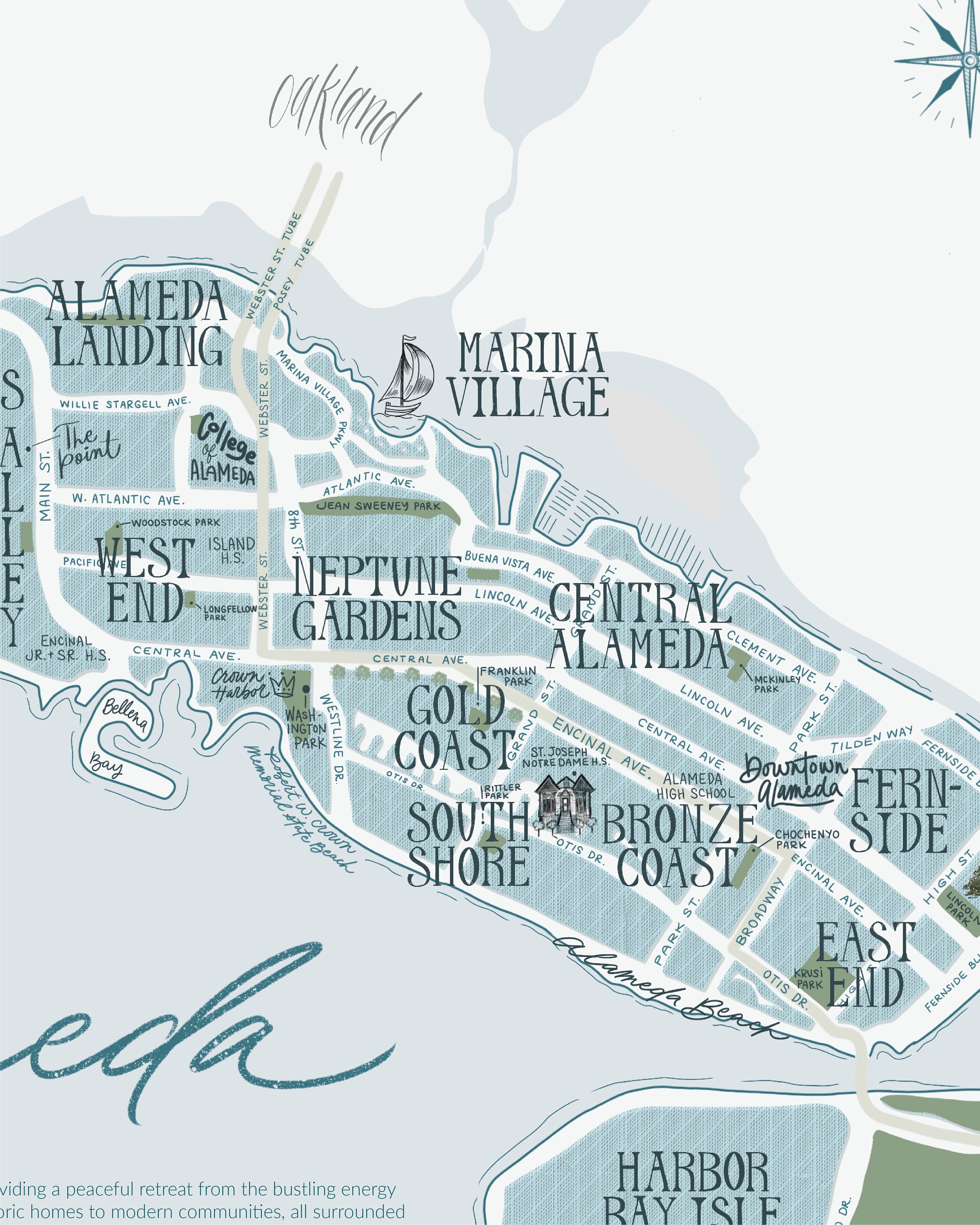 Alameda, CA Neighborhood Map Print - Handlettered-map of Alameda ...