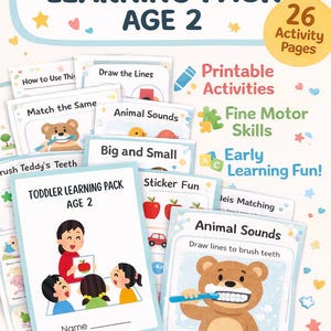 May include: A colorful educational pack for toddlers aged 2. The pack includes 26 activity pages with printable activities, focusing on fine motor skills and early learning. The design features illustrations of animals, fruits, and children, with text that reads "Toddler Learning Pack Age 2".