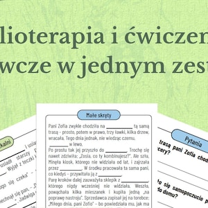 May include: A light green background with the Polish text "Biblioterapia i ćwiczenia poznawcze w jednym zestawie." Below are worksheets with fill-in-the-blank questions and illustrations of people.