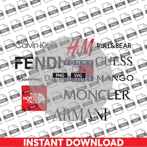 May include: A digital graphic showcasing logos of fashion brands including Calvin Klein, H&M, Fendi, Tommy Hilfiger, and more. The background is a pattern of SVG and PNG file icons. The text "INSTANT DOWNLOAD" is at the bottom.