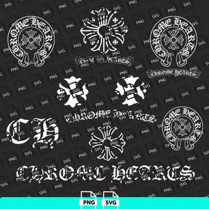 May include: A selection of white graphic designs on a black backdrop. The designs feature the text "Chrome Hearts" in different fonts, alongside cross and floral motifs. The image also includes "PNG" and "SVG" file type labels.