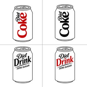 Puede incluir: Cuatro latas de Diet Coke y Diet Drink en una cuadrícula. Dos latas muestran el texto "Diet Coke" en rojo y negro. Las otras dos latas dicen "Diet Drink Zero Sugar" en negro y rojo.
