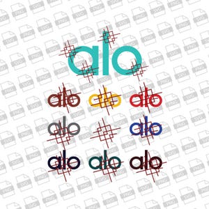 May include: A selection of "alo" logo designs in diverse colours, such as teal, brown, yellow, red, grey, blue, dark blue, green, and maroon. Each logo features a grid-like pattern. The background is filled with "SVG PNG" text.