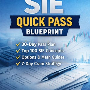Può includere: Una pubblicità per SIE Quick Pass Blueprint. L'immagine presenta il testo "SIE QUICK PASS BLUEPRINT" in grandi lettere in grassetto. Il testo aggiuntivo include "30-Day Pass Plan", "Top 100 SIE Concepts", "Options & Math Guides" e "7-Day Cram Strategy". Una penna è appoggiata su una pila di fogli.