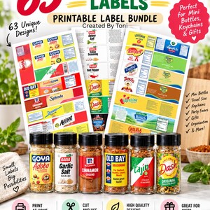 May include: A digital bundle of 63 printable mini seasoning labels featuring various brand names and designs. The set includes three sheets of labels and six glass spice jars filled with seasonings like Goya Adobo, Badia Garlic Salt, and Old Bay.