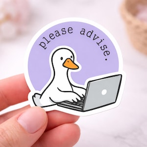 May include: A white cartoon goose sticker with an orange beak and a gray laptop. The goose is inside a light purple circle with the words "please advise" in black. The sticker is held by a hand.