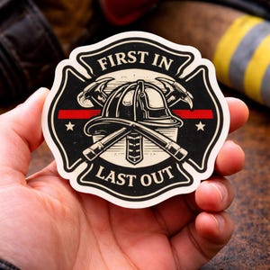 May include: A black and white sticker with the text "FIRST IN LAST OUT" and a firefighter's helmet, axes, and crossed nozzles. A red stripe and two stars are also present. The sticker is held in a hand.