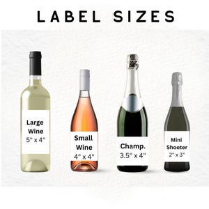 May include: Image showing four different wine and champagne bottles with labels. The text "LABEL SIZES" is at the top. The bottles are labeled "Large Wine" (5" x 4"), "Small Wine" (4" x 4"), "Champ." (3.5" x 4"), and "Mini Shooter" (2" x 3").