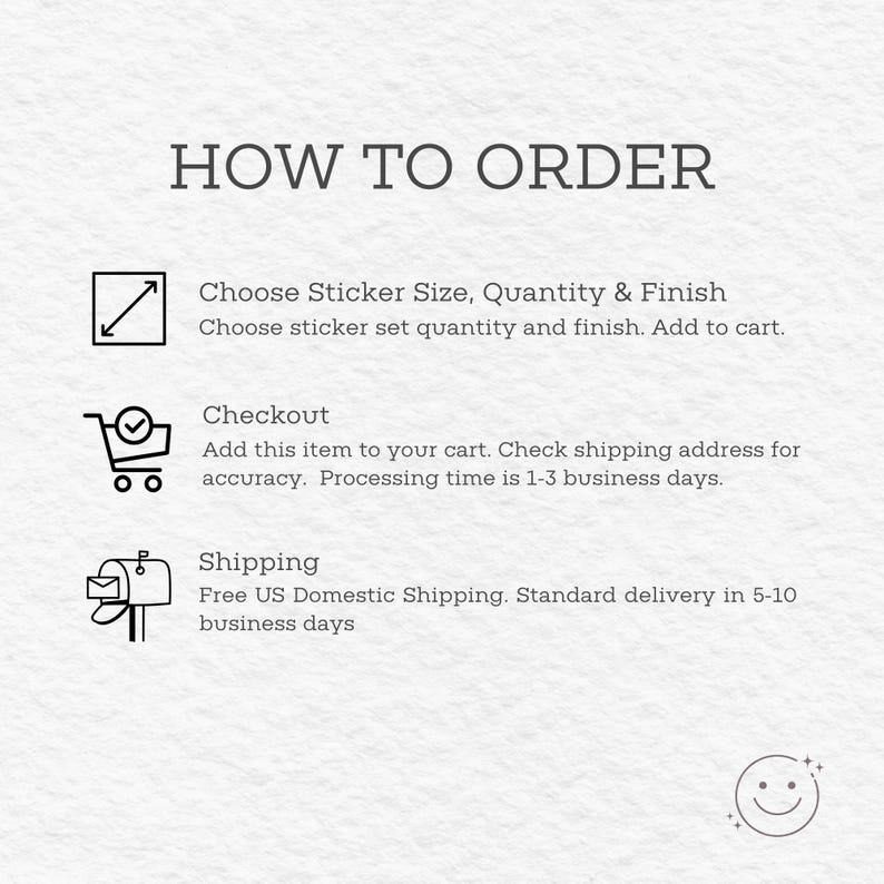 May include: White background with the text "HOW TO ORDER" at the top. Below are instructions with icons: Choose sticker size, quantity & finish, checkout, and shipping. A smiley face is in the bottom right corner.