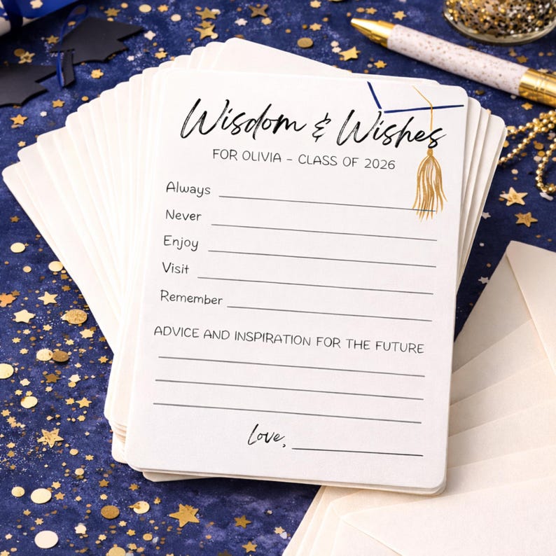 May include: A pile of white graduation advice cards, each with the text "Wisdom & Wishes FOR OLIVIA - CLASS OF 2026". The cards are designed for advice and inspiration, featuring a graduation cap illustration.