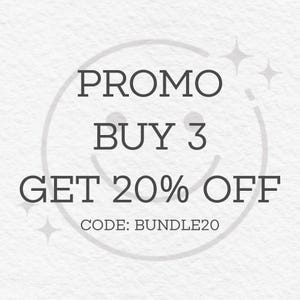 May include: A promotional graphic with the text "PROMO BUY 3 GET 20% OFF" in a dark grey font. The code "BUNDLE20" is also displayed. The background is a light grey textured surface with a smiling face outline.