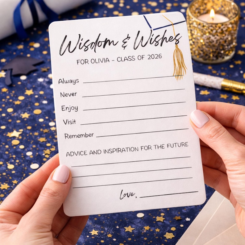 May include: A rectangular white card with the text "Wisdom & Wishes" and "For Olivia - Class of 2026". The card features lines for writing advice and inspiration, with a graduation cap illustration. Held by hands.