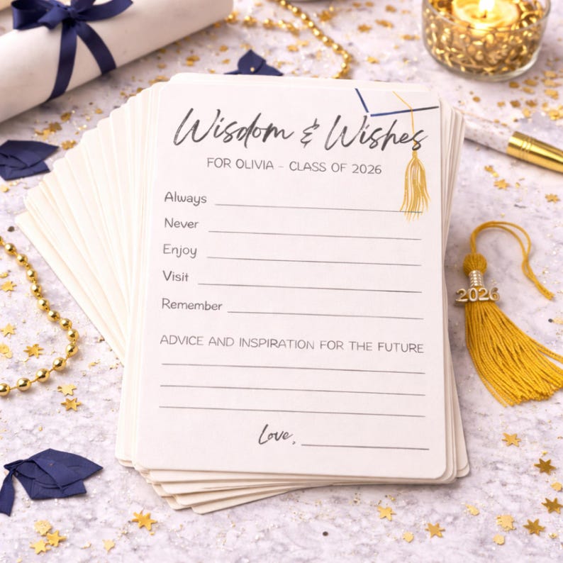 May include: A pile of cream-coloured 'Wisdom & Wishes' cards, personalised for Olivia, Class of 2026. The cards feature prompts for advice and inspiration. A gold tassel and graduation cap decorations are visible. A scroll and gold accents are in the background.