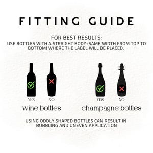 May include: A fitting guide with the text "FITTING GUIDE" at the top. The guide shows examples of wine and champagne bottles with check marks and X marks to indicate which bottles are suitable for use. The text reads "FOR BEST RESULTS: USE BOTTLES WITH A STRAIGHT BODY".