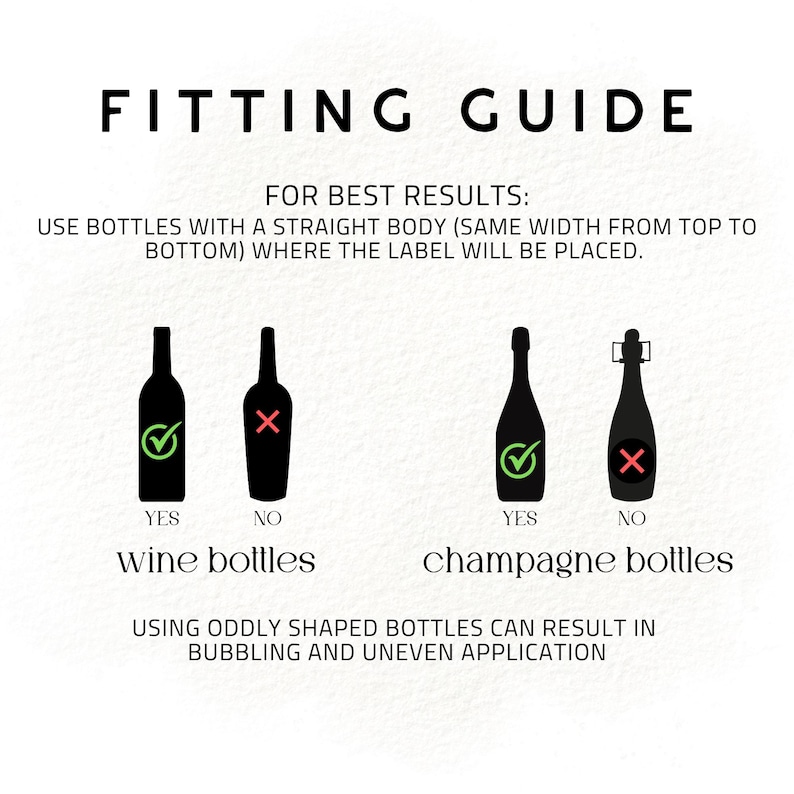 May include: A fitting guide with the text "FITTING GUIDE" at the top. The guide shows examples of wine and champagne bottles with check marks and X marks to indicate which bottles are suitable for use. The text reads "FOR BEST RESULTS: USE BOTTLES WITH A STRAIGHT BODY".