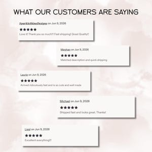 May include: A graphic display titled WHAT OUR CUSTOMERS ARE SAYING featuring five white rectangular customer review boxes. Each box contains a customer name, the date Jun 9, 2026, five black star icons, and written feedback text.