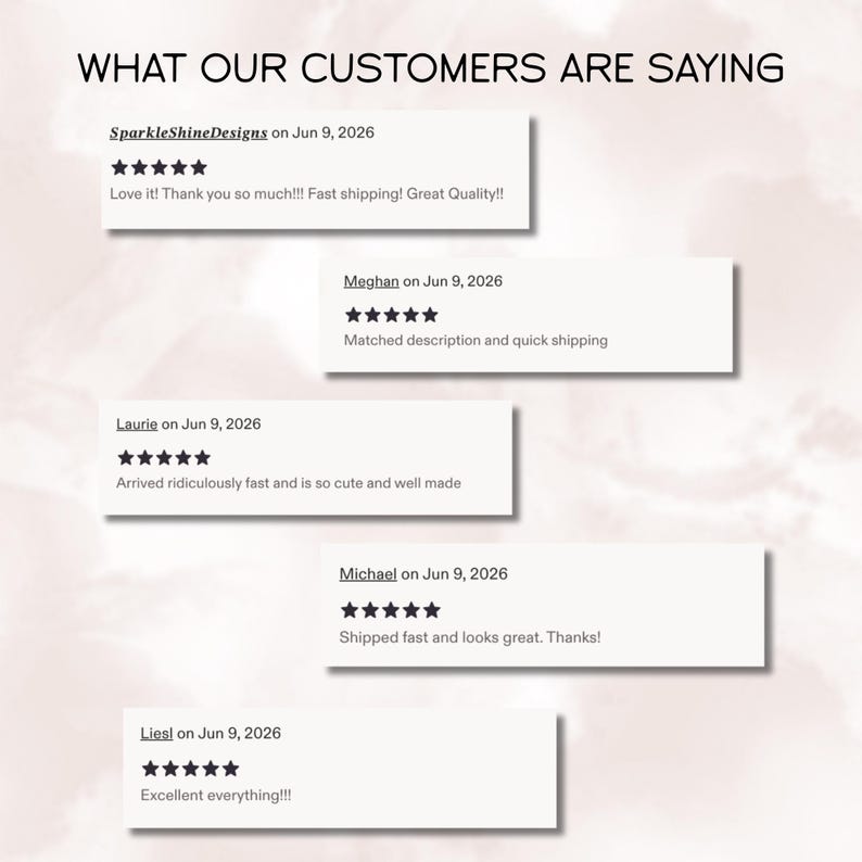 May include: A graphic display titled WHAT OUR CUSTOMERS ARE SAYING featuring five white rectangular customer review boxes. Each box contains a customer name, the date Jun 9, 2026, five black star icons, and written feedback text.