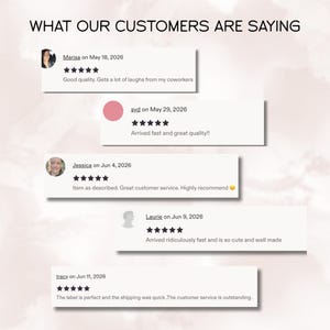 May include: A graphic display titled WHAT OUR CUSTOMERS ARE SAYING featuring five customer reviews with five-star ratings. Each review includes a customer name, date, and text comments such as Good quality, Arrived fast, and Item as described.