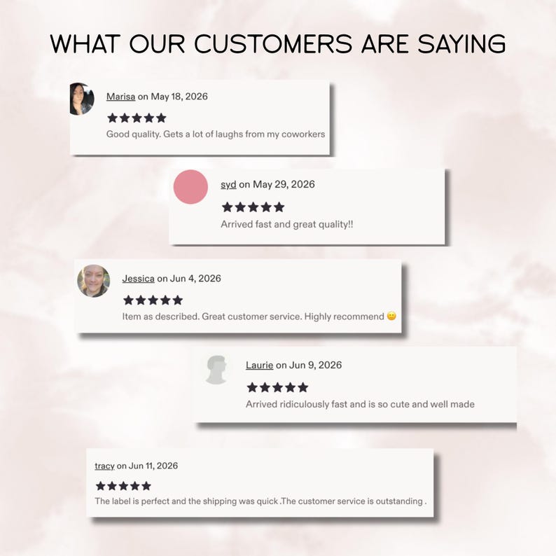 May include: A graphic display titled WHAT OUR CUSTOMERS ARE SAYING featuring five customer reviews with five-star ratings. Each review includes a customer name, date, and text comments such as Good quality, Arrived fast, and Item as described.