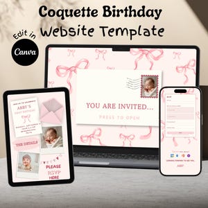 May include: A digital website template for a birthday party, displayed on a laptop, tablet, and smartphone. The design features a pink color scheme with bow illustrations and the text "Coquette Birthday Website Template". The tablet shows a baby photo.