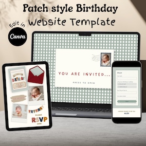 May include: A digital birthday website template displayed on a laptop, tablet, and smartphone. The design features a patch style with the text "Patch style Birthday Website Template" and "Edit in Canva". The tablet shows a birthday invitation and RSVP details.