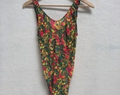 Vintage 90s neon mesh tropical print high-cut one piece swimsuit bodysuit stretchy size medium large