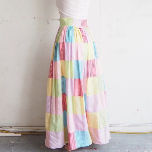 Vintage 1970s handmade gingham patchwork shops multicolor pastel skirt womens small