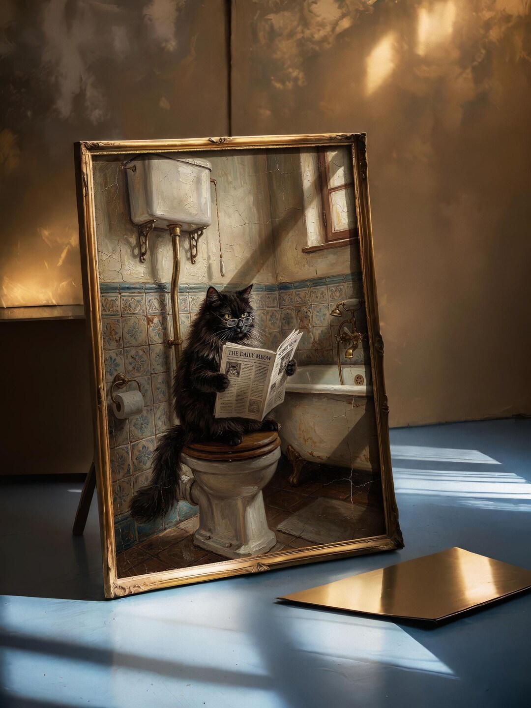 Funny Cat Bathroom Wall Art, Black Cat Reading Newspaper Toilet, the ...
