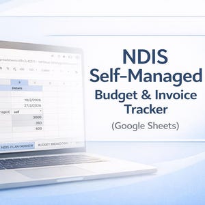 Puede incluir: Una computadora portátil muestra una hoja de cálculo de Google Sheets titulada "NDIS Self-Managed Budget & Invoice Tracker". La pantalla muestra detalles del presupuesto, incluidas las fechas de inicio y finalización del plan, y un presupuesto total de 2787,60€.