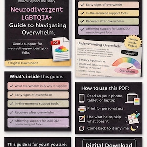 May include: A digital PDF guide titled "Neurodivergent LGBTQIA+ Guide to Navigating Overwhelm." The guide offers gentle support for neurodivergent LGBTQIA+ individuals. It covers topics like overwhelm, support tools, and recovery.