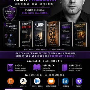 Peut inclure: Une affiche promotionnelle pour The Narcissism Series de Robert Mohr, montrant un homme &agrave; lunettes au-dessus de six livres intitul&eacute;s Surviving Narcissistic Abuse, I Don't Matter, Alone, Betrayal, Narcissistic Parents et Golden Child Syndrome.