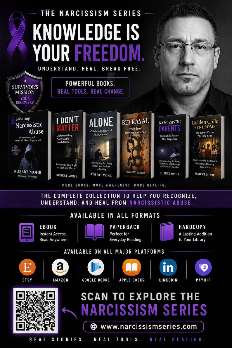Peut inclure: Une affiche promotionnelle pour The Narcissism Series de Robert Mohr, montrant un homme &agrave; lunettes au-dessus de six livres intitul&eacute;s Surviving Narcissistic Abuse, I Don't Matter, Alone, Betrayal, Narcissistic Parents et Golden Child Syndrome.