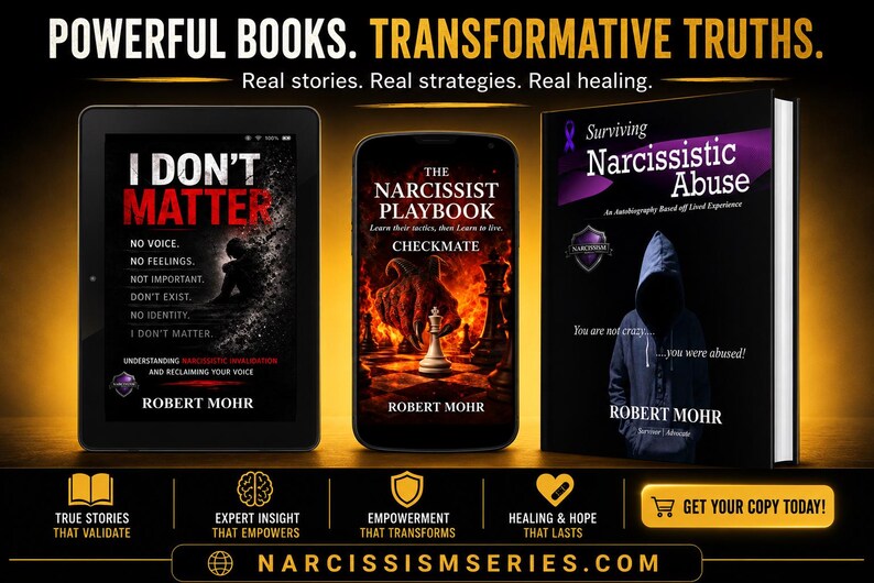 Peut inclure: Une tablette num&eacute;rique, un smartphone et un livre reli&eacute; par Robert Mohr. La tablette affiche 'I Don't Matter', le t&eacute;l&eacute;phone montre 'The Narcissist Playbook' et le livre est intitul&eacute; 'Surviving Narcissistic Abuse'. Le texte inclut 'Powerful Books. Transformative Truths.'