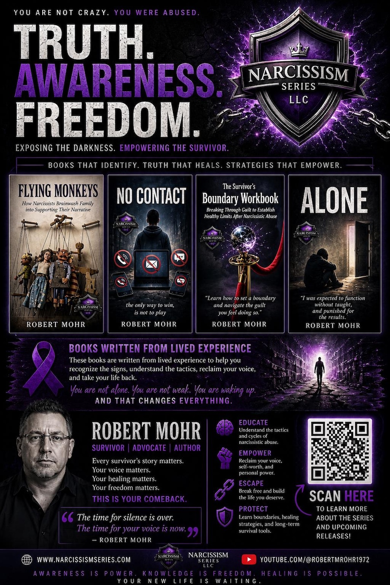 Peut inclure: Une affiche promotionnelle pour la s&eacute;rie Narcissism LLC de Robert Mohr, pr&eacute;sentant quatre couvertures de livres intitul&eacute;es Flying Monkeys, No Contact, The Survivor's Boundary Workbook et Alone, avec des accents violets et un QR code.