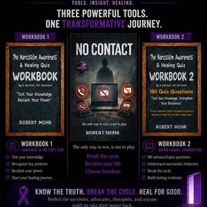 Peut inclure: Une affiche informative noire intitul&eacute;e Narcissism Series LLC pr&eacute;sentant deux cahiers d'exercices de Robert Mohr. Le design inclut du texte sur la gu&eacute;rison, un graphique No Contact avec un ordinateur et des t&eacute;l&eacute;phones, un ruban violet et un QR code.
