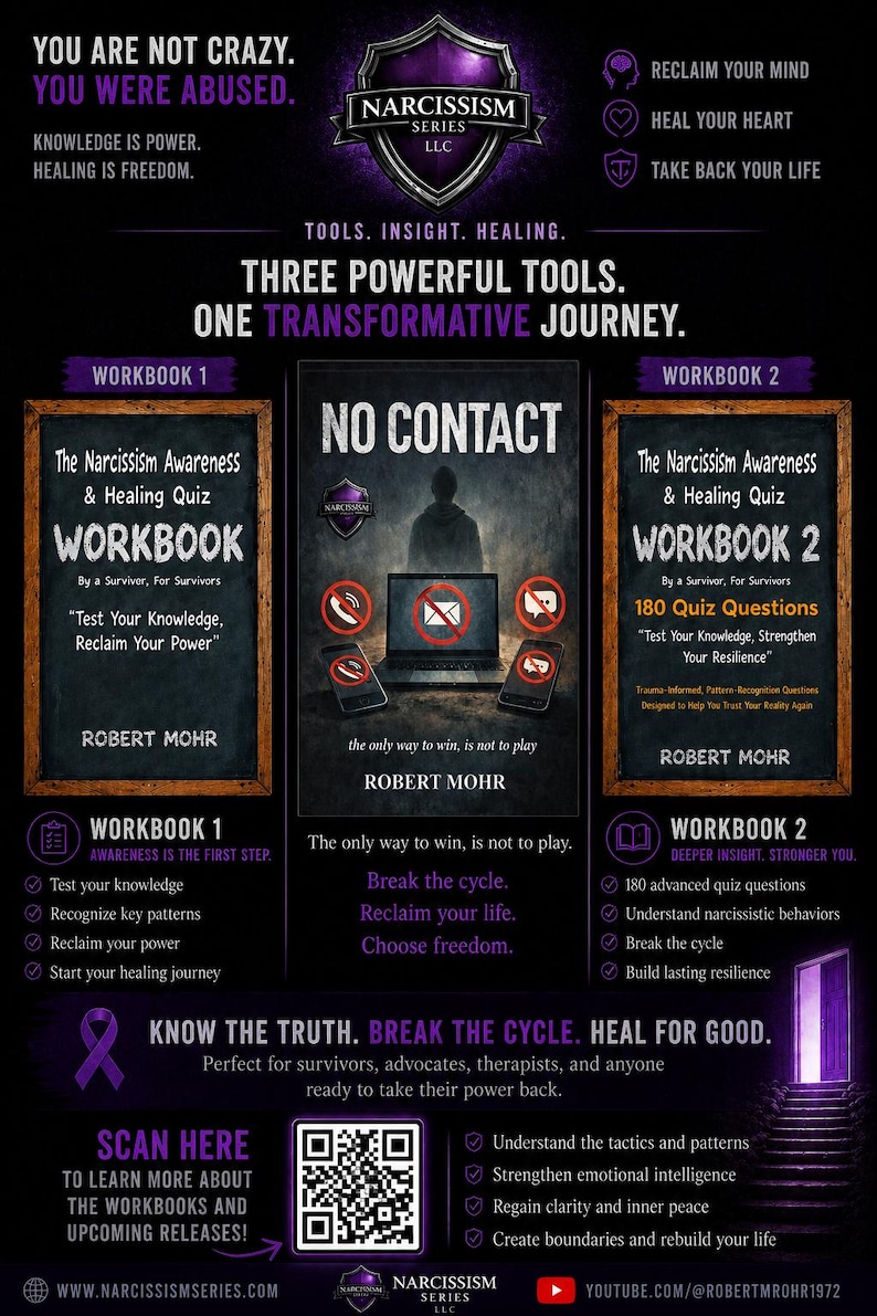 Peut inclure: Une affiche informative noire intitul&eacute;e Narcissism Series LLC pr&eacute;sentant deux cahiers d'exercices de Robert Mohr. Le design inclut du texte sur la gu&eacute;rison, un graphique No Contact avec un ordinateur et des t&eacute;l&eacute;phones, un ruban violet et un QR code.
