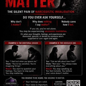 Peut inclure: Une affiche informative intitul&eacute;e I DON'T MATTER: THE SILENT PAIN OF NARCISSISTIC INVALIDATION. Elle contient du texte, deux exemples illustr&eacute;s de conflits interpersonnels, un embl&egrave;me Narcissism Awareness et un QR code pour plus d'infos.