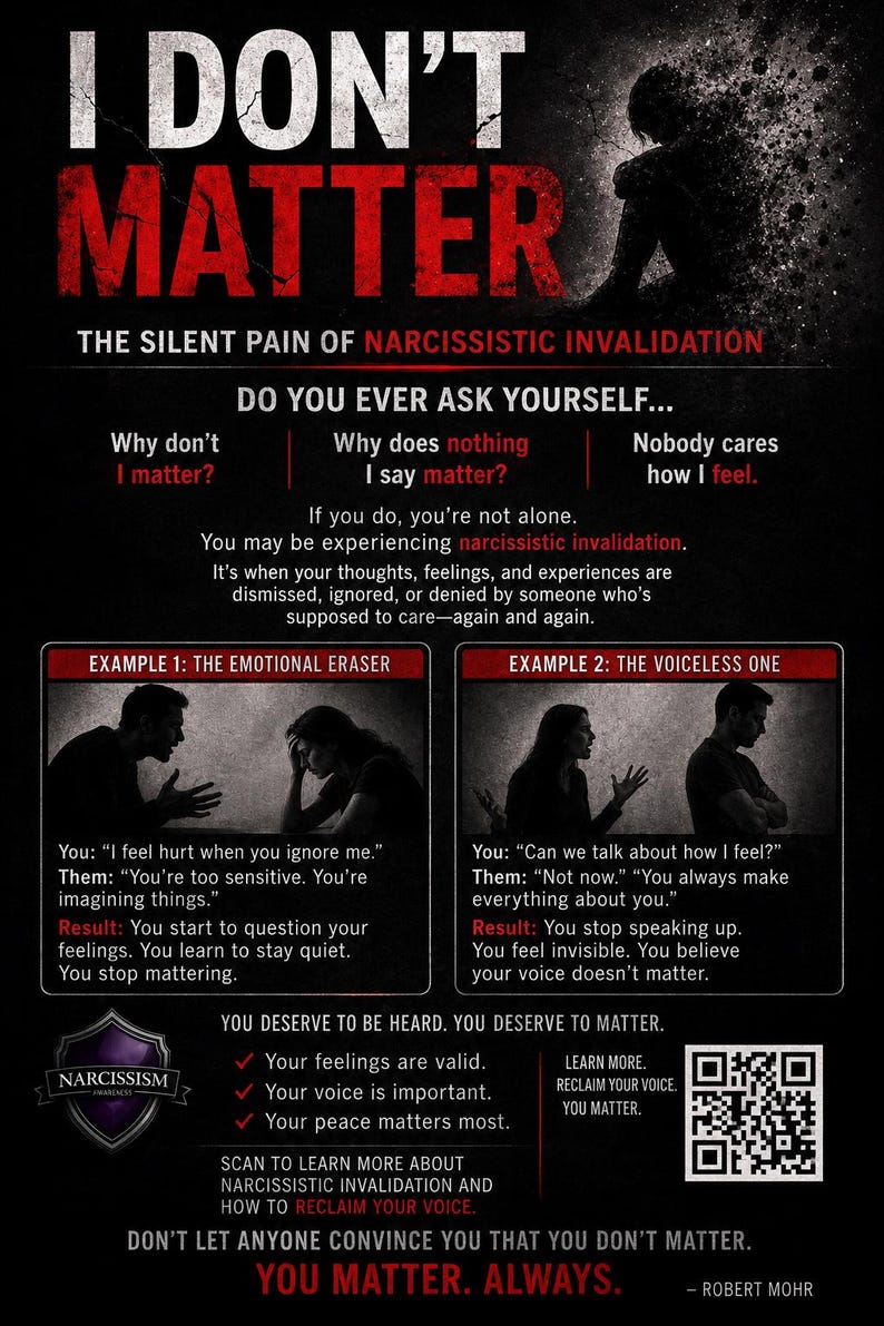 Peut inclure: Une affiche informative intitul&eacute;e I DON'T MATTER: THE SILENT PAIN OF NARCISSISTIC INVALIDATION. Elle contient du texte, deux exemples illustr&eacute;s de conflits interpersonnels, un embl&egrave;me Narcissism Awareness et un QR code pour plus d'infos.