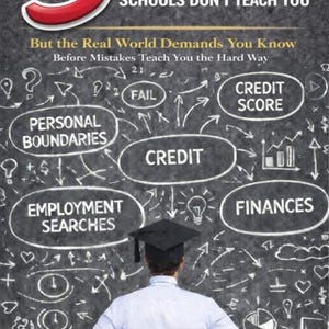 May include: Book cover with the title "3 Lessons Schools Don't Teach You" in red and white. The cover features a person in a graduation cap facing a chalkboard with key topics like "Credit Score" and "Finances". Author's name is Robert Mohr.