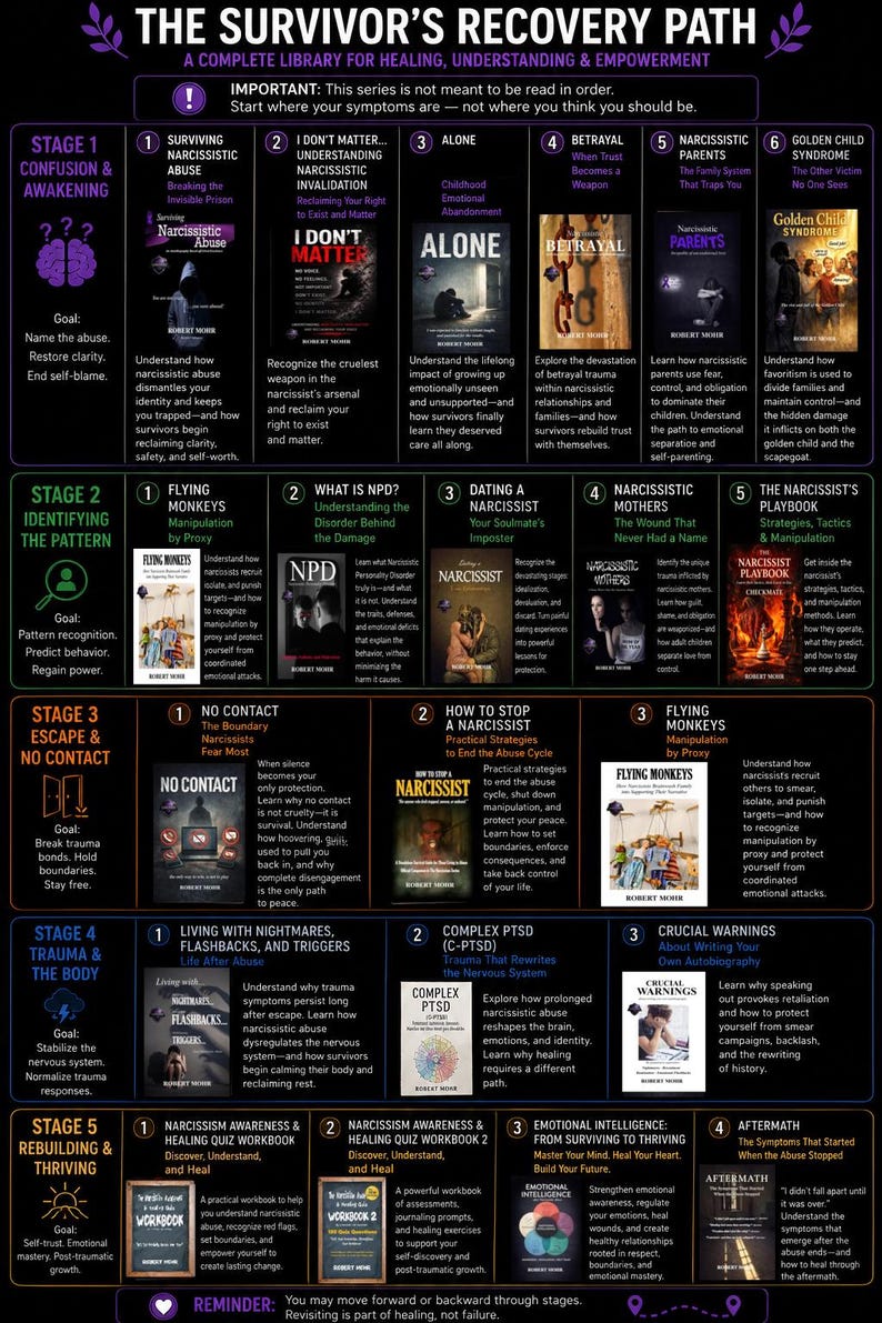 Peut inclure: Une infographie intitul&eacute;e The Survivor's Recovery Path, organis&eacute;e en cinq &eacute;tapes de gu&eacute;rison apr&egrave;s un abus narcissique. Elle pr&eacute;sente une grille de couvertures de livres avec titres et descriptions, d&eacute;taillant les &eacute;tapes de la reconstruction.