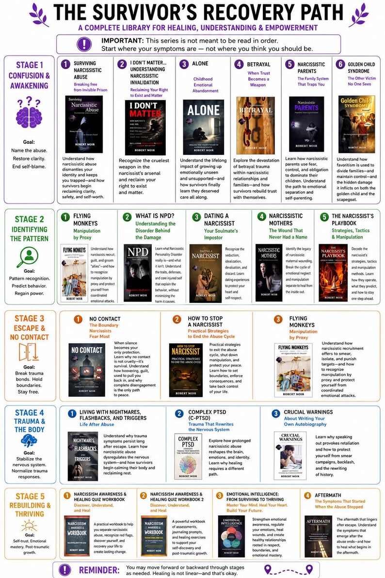 Peut inclure: Une infographie intitul&eacute;e The Survivor's Recovery Path, une biblioth&egrave;que pour la gu&eacute;rison et l'autonomisation. Elle organise des livres en cinq &eacute;tapes : Confusion & Awakening, Identifying the Pattern, Escape & No Contact, Trauma & The Body, et Rebuilding & Thriving.