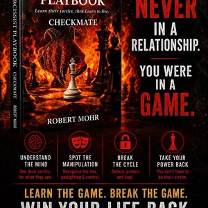 Peut inclure: Un livre intitul&eacute; The Narcissist Playbook par Robert Mohr avec un fond rouge ardent et une main griffue d&eacute;pla&ccedil;ant une pi&egrave;ce d'&eacute;checs blanche. La couverture inclut le texte Checkmate et le sous-titre Learn their tactics, then Learn to live.
