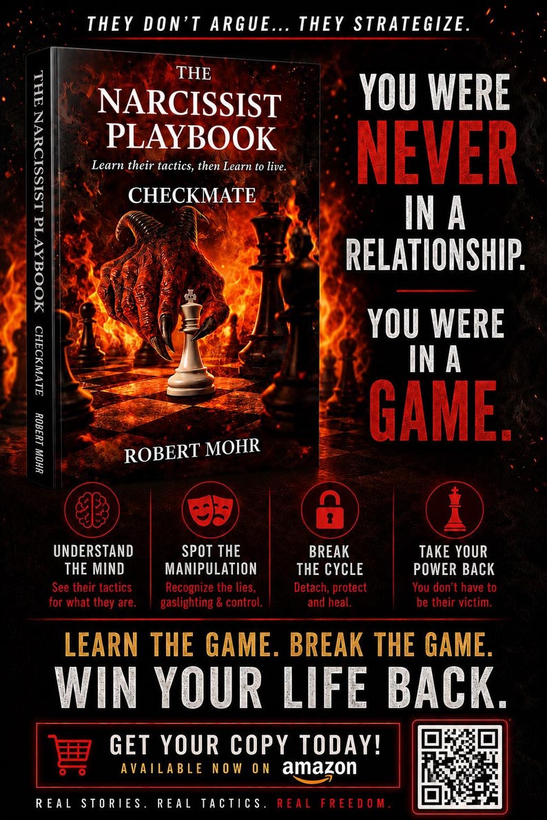 Peut inclure: Un livre intitul&eacute; The Narcissist Playbook par Robert Mohr avec un fond rouge ardent et une main griffue d&eacute;pla&ccedil;ant une pi&egrave;ce d'&eacute;checs blanche. La couverture inclut le texte Checkmate et le sous-titre Learn their tactics, then Learn to live.