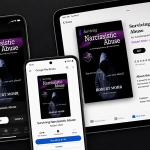 Peut inclure: Un affichage num&eacute;rique pr&eacute;sentant le livre Surviving Narcissistic Abuse de Robert Mohr sur deux smartphones et une tablette. La couverture du livre montre une silhouette &agrave; capuche, un ruban violet et le texte You are not crazy... you were abused!