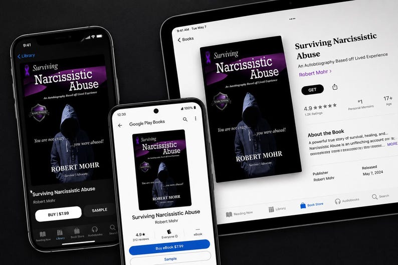 Peut inclure: Un affichage num&eacute;rique pr&eacute;sentant le livre Surviving Narcissistic Abuse de Robert Mohr sur deux smartphones et une tablette. La couverture du livre montre une silhouette &agrave; capuche, un ruban violet et le texte You are not crazy... you were abused!