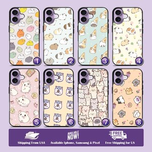 May include: A collection of eight phone cases with various cute animal designs. The cases feature guinea pigs, cats, and other adorable illustrations in a variety of colors. The cases are available for iPhone, Samsung, and Pixel phones.