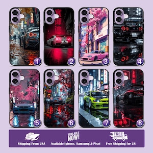 May include: Collection of eight phone cases featuring car designs in a city setting. Each case showcases a different car with vibrant colors and detailed cityscapes. The cases are available for iPhone, Samsung, and Pixel phones.