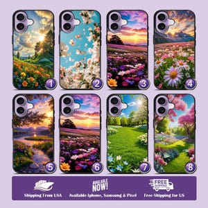 May include: A collection of eight phone cases featuring vibrant landscape designs. Each case showcases a unique scene, including fields of flowers, sunsets, and mountain views. The cases are available for iPhone, Samsung, and Pixel phones.