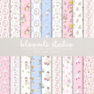 Può includere: Una collezione di fogli di carta digitale con vari motivi raffiguranti anatre dei cartoni animati, fiori e fiocchi in rosa pastello, blu e bianco. Il testo "bloomli studio" è visualizzato in corsivo, con dettagli sulla collezione di carta.