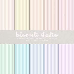 Puede incluir: Una colección de diseños de papel digital con rayas verticales en varios colores pastel, incluyendo rosa, amarillo, naranja, verde, azul y morado. El texto "bloomli studio" se muestra en cursiva, junto con las palabras "LUXURY DIGITAL PAPER COLLECTION".
